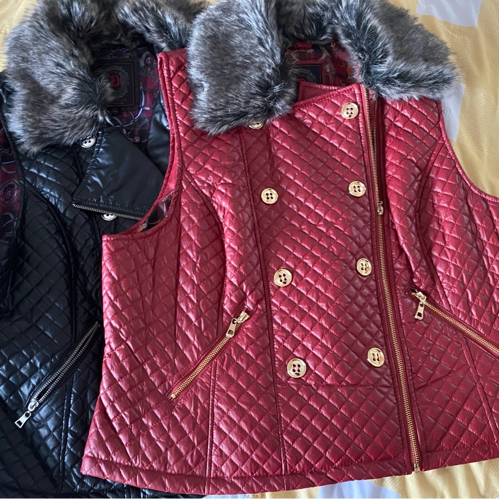 Dollhouse fur neckline vests, black & red XL